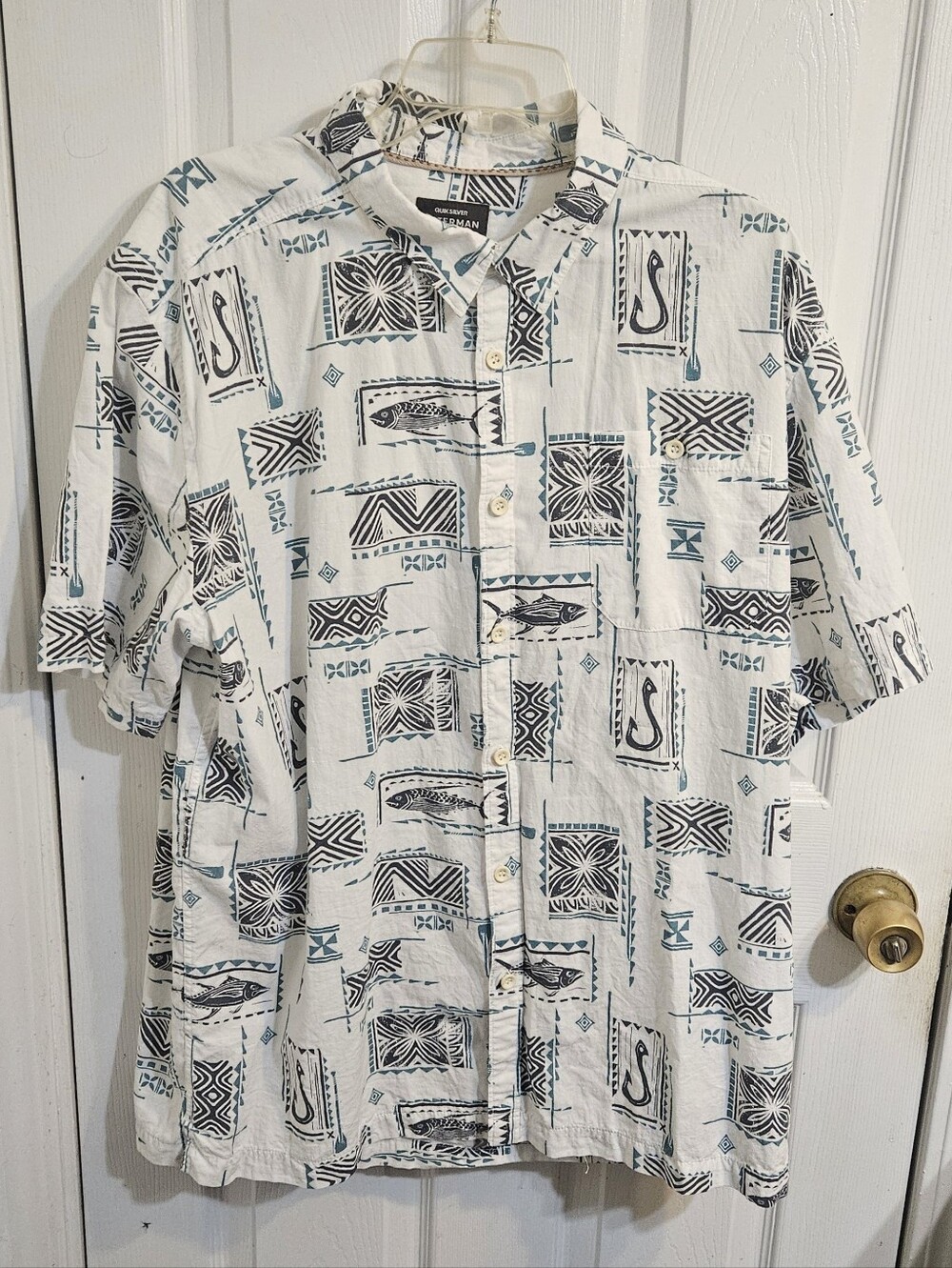 Quicksilver Waterman Hawaiian Fish and Hook Short Sleeve Button Up Shirt 2XL/XXL